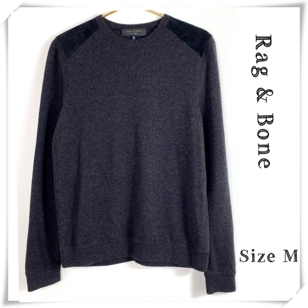 Rag & Bone Lamb Leather Shoulder Patch Crew Neck Wool Sweater Size M